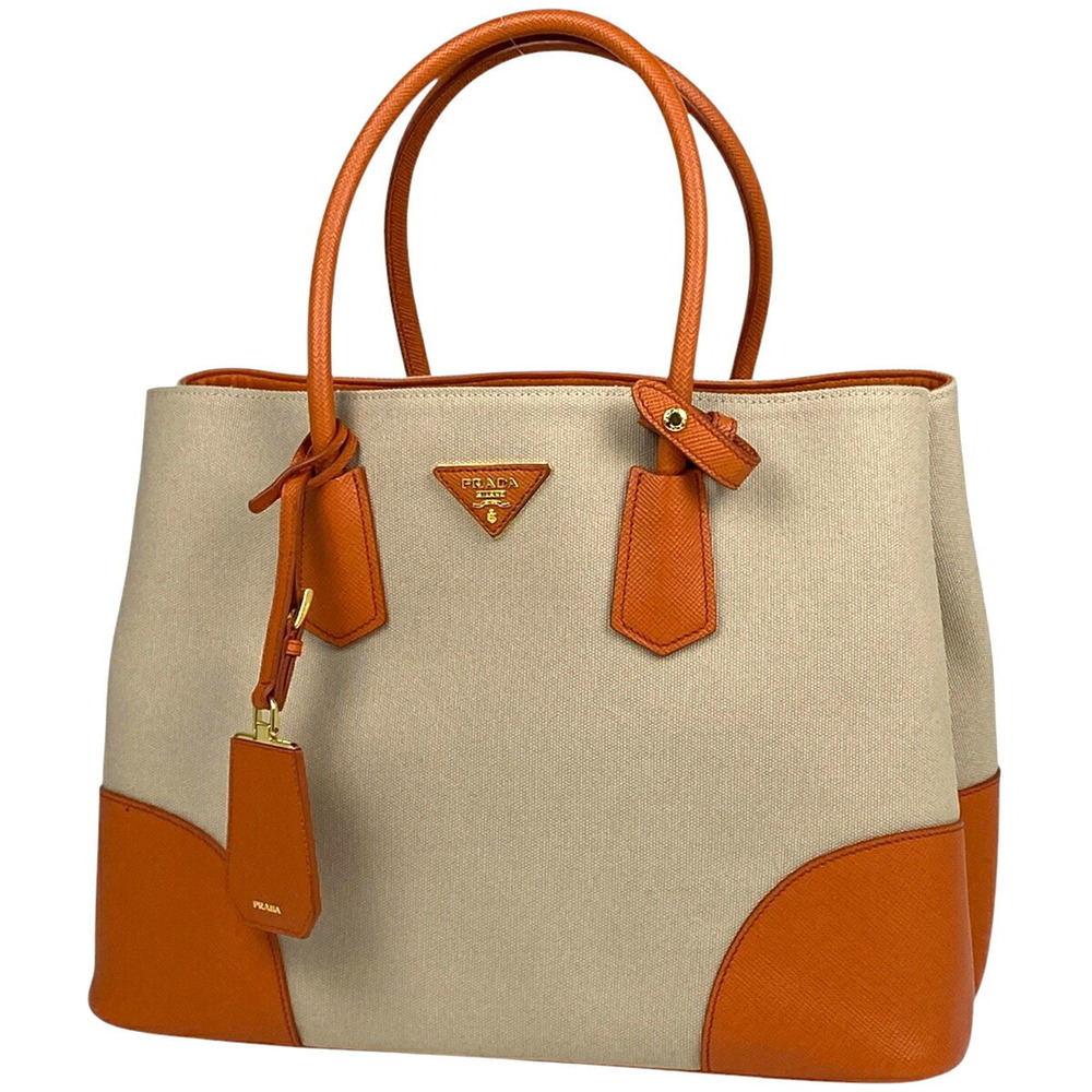 Prada Logo Plate Tote Bag Shoulder Handbag Canvas Beige Orange